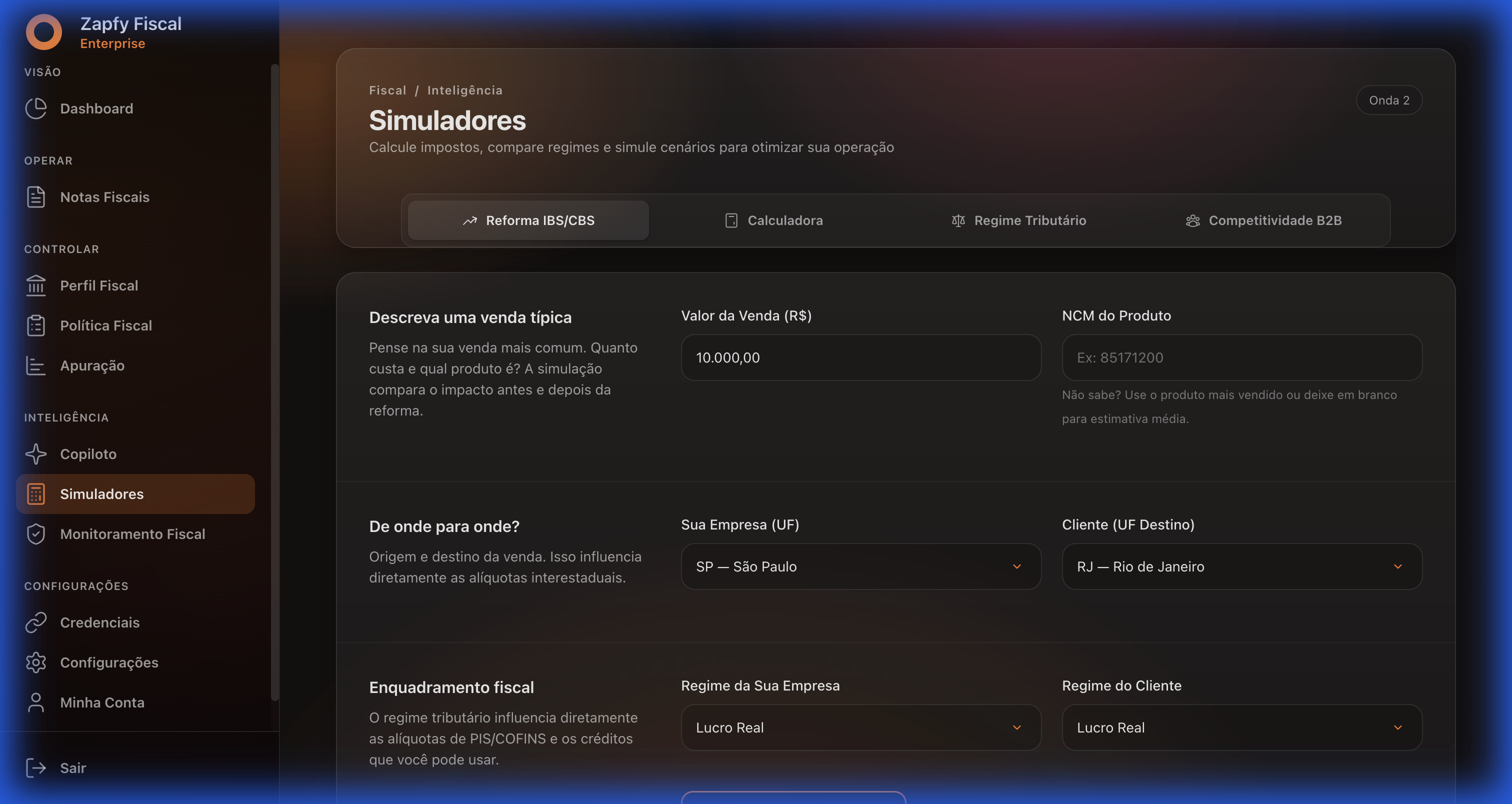 Simulador de Impostos Zapfy Fiscal — tela real do produto mostrando simulação de reforma IBS/CBS